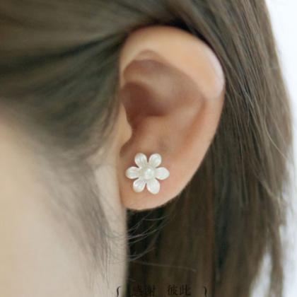 Silver Earrings Floral Daisy Shell Studs Wrap..
